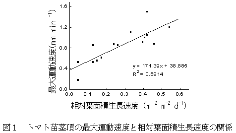 図1 トマト苗茎頂の最大運動速度と相対葉面積生長速度の関係