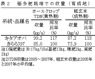 表2 極多肥栽培での収量(育成地)