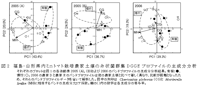 図2 福島・山形県内ミニトマト栽培農家土壌の糸状菌群集DGGEプロファイルの主成分分析