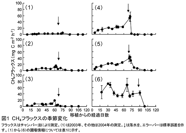 図1 CH4フラックスの季節変化 フラックスはチャンバー法により測定。(1)は2003年、その他は2004年の測定。↓は落水を、エラーバーは標準誤差を示す。(1)から(6)の圃場情報については表1に示す。