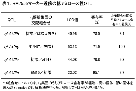 表1.RM7555マーカー近傍の低アミロース性QTL