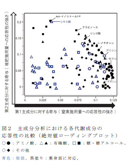 図2 主成分分析における各代謝成分の 応答性の比較(絶対値ローディングプロット) ○●:アミノ酸、△▲:有機酸、□■:糖・糖アルコール、 ◇◆:その他 青色:根部、黒塗り:葉身部に対応