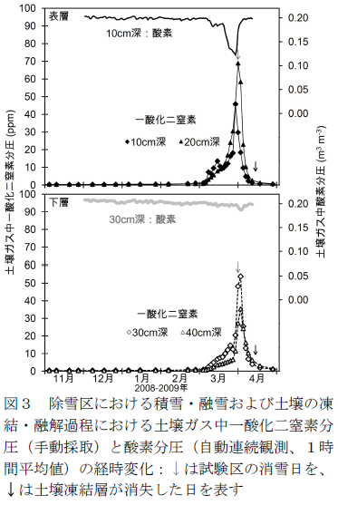 図3 除雪区における積雪・融雪および土壌の凍結・融解過程における土壌ガス中一酸化二窒素分圧(手動採取)と酸素分圧(自動連続観測、1時間平均値)の経時変化:↓は試験区の消雪日を、↓は土壌凍結層が消失した日を表す