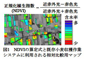 図1 NDVIの算定式と既存小麦収穫作業 システムに利用される相対比較用マップ