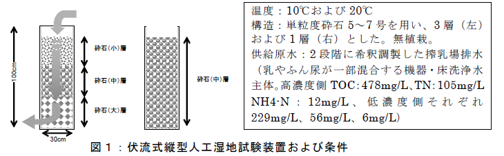 図1:伏流式縦型人工湿地試験装置および条件