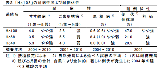 表2 「H o 1 0 8 」の耐病性および耐倒伏性