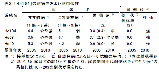 表2 「H o 1 0 4 」の耐病性および耐倒伏性