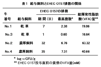 表1.給与飼料とEHEC O157排菌の関係