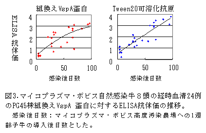 図3.マイコプラズマ・ボビス自然感染牛8頭の経時血清24例 のPG45株組換えVspA 蛋白に対するELISA抗体価の推移。