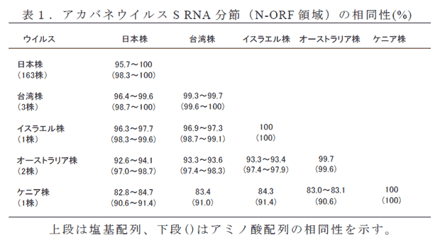 表1. アカバネウイルスS RNA 分節(N-ORF 領域) の相同性(%)