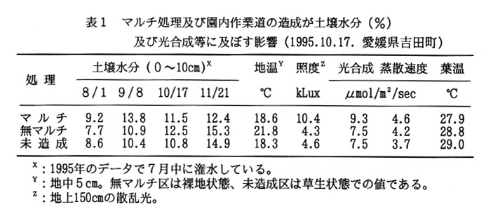 表1.マルチ処理及び園内作業道の造成が土壌水分(%)及び光合成等に及ぼす影響