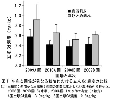図1 年次と圃場が異なる栽培における玄米Cd濃度の比較