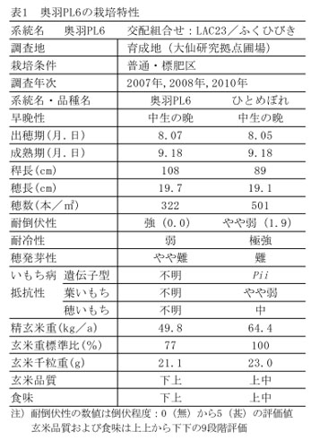 表1 奥羽PL6の栽培特性