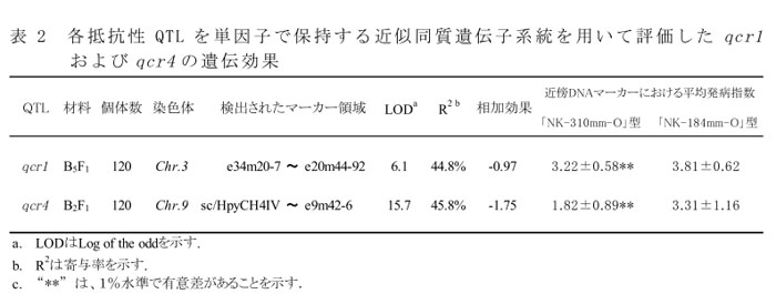 表2 各抵抗性QTLを単因子で保持する近似同質遺伝子系統を用いて評価したqcr1およびqcr4の遺伝効果