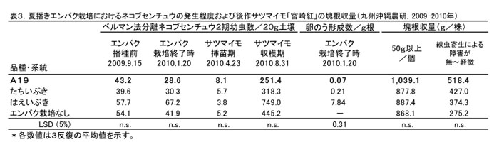 表3 夏播きエンバク栽培におけるネコブセンチュウの発生程度および俊作サツマイモ「宮崎紅」の塊根収量