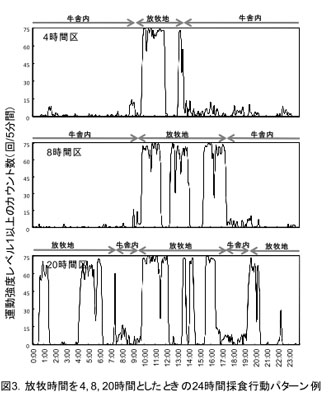 図3 放牧時間を4,8,20時間としたときの24時間採食行動パターン例