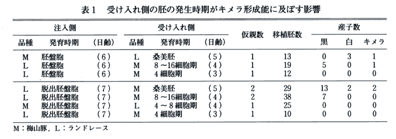 表1 受け入れ側の胚の発生時期がキメラ形成能に及ぼす影響