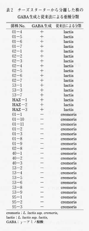 表2 チーズスターターから分離した株のGABA生成と従来法による亜種分類