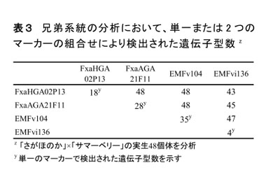 表3 兄弟系統の分析において、単一または2つのマーカーの組合せにより検出された遺伝子型数