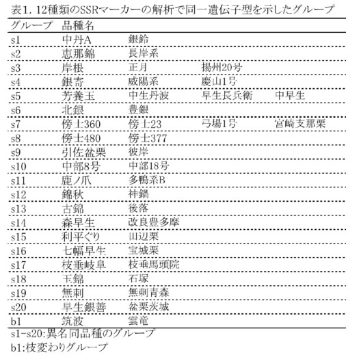 表1 12種類のSSRマーカーの解説で同一遺伝子型を示したグループ