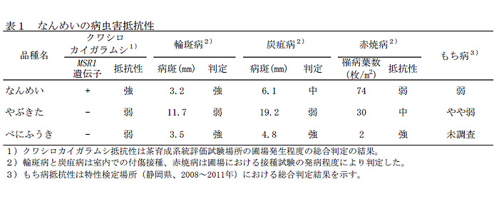 表1 「なんめい」の病害虫抵抗性