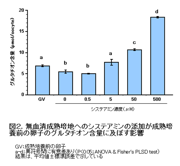 図2 無血清成熟培地へのシステアミンの添加が成熟培養前の卵子のグルタチオン含量に及ぼす影響