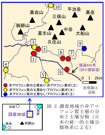 図2 調査地域の非アロフェン質土層の分布と土壌分類(日本の統一的土壌分類体系による