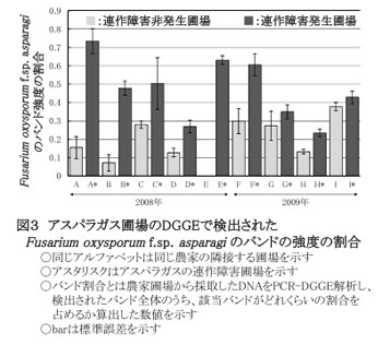 図3 アスパラガス圃場のDGGEで検出されたFusarium. oxysporum f.sp. asparagiのバンドの強度の割合