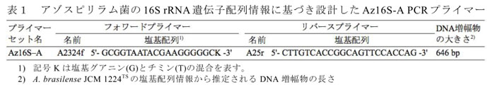 表1 アゾスピリラム菌の16S rRNA遺伝子配列情報に基づき設計したAz16S-A PCRプライマーセット