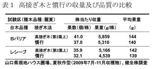 表1 高接ぎ木と慣行の収量及び品質の比較