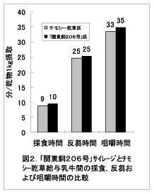図2 「関東飼206号」サイレージとチモシー乾草給与乳牛間の採食、反芻及び咀嚼時間の比較