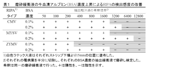 表1 摩砕緩衝液の牛血清アルブミン(BSA)濃度上昇によるRIPAの検出感度の改善