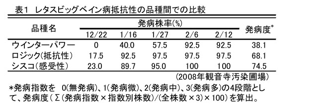 表1 レタスビッグベイン病抵抗性の品種間での比較