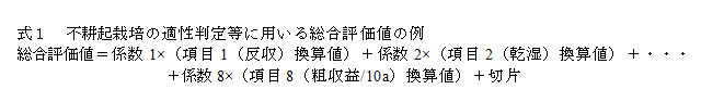 式1 不耕起栽培の適性判定等に用いる総合評価値の例