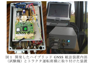 図1 開発したハイブリッドGNSS航法装置内部(試験機)とトラクタ運転席横に取り付けた装置