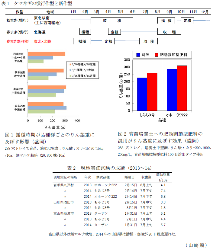 表1 タマネギの慣行作型と新作型;図1 播種時期が品種群ごとのりん茎重に及ぼす影響(盛岡);図2 育苗培養土への肥効調節型肥料の
混用がりん茎重に及ぼす効果(盛岡)