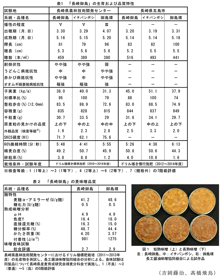表1「長崎御島」の育成および品質特性;表2「長崎御島」の麦味噌品質