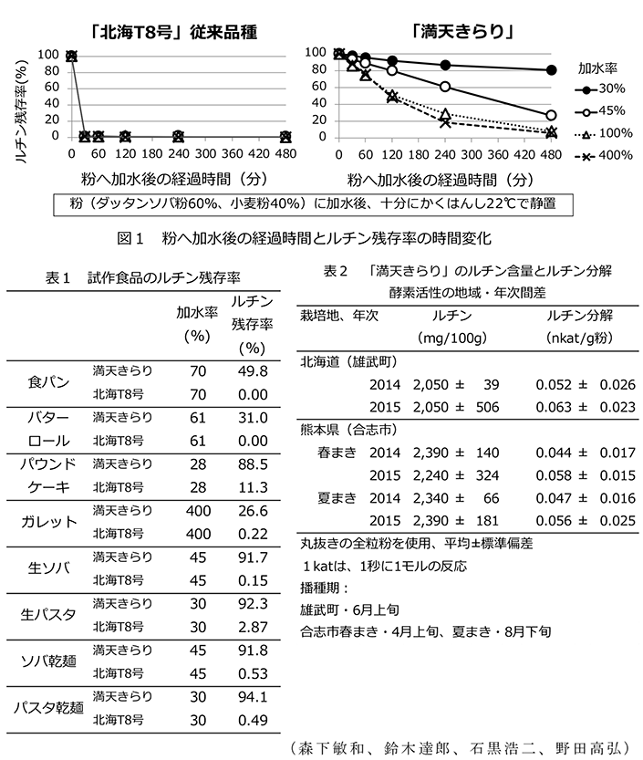 図1粉へ加水後の経過時間とルチン残存率の時間変化;表1試作食品のルチン残存率;表2「満天きらり」のルチン含量とルチン分解