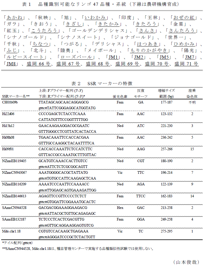 表1 品種識別可能なリンゴ47品種・系統(下線は農研機構育成),表2 SSRマーカーの特徴