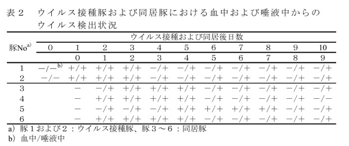 表2 ウイルス接種豚および同居豚における血中および唾液中からのウイルス検出状況