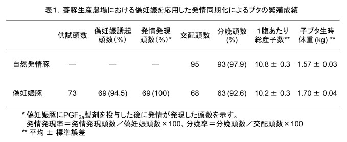 表1 養豚生産農場における偽妊娠を応用した発情同期化によるブタの繁殖成績