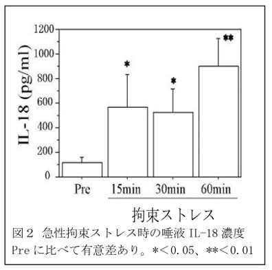 図2 急性拘束ストレス時の唾液IL-18濃度 Preに比べて有意差あり。