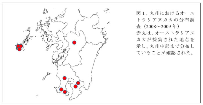 図1.九州におけるオーストラリアヌカカの分布調査(2008～2009年)