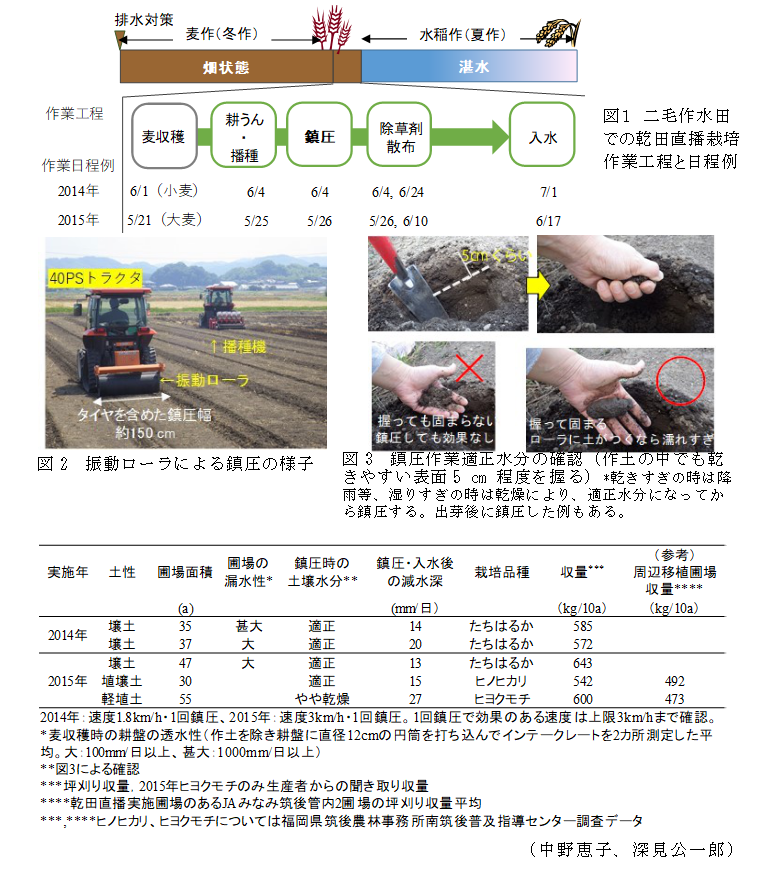 図1 二毛作水田での乾田直播栽培作業工程と日程例;図2 振動ローラによる鎮圧の様子;図3 鎮圧作業適正水分の確認