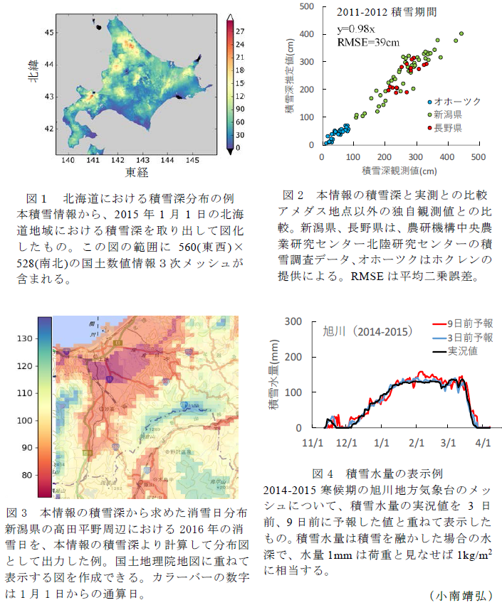 図1 北海道における積雪深分布の例;図2 本情報の積雪深と実測との比較;図3 本情報の積雪深から求めた消雪日分布;図4 積雪水量の表示例