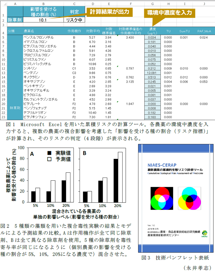 図1 Microsoft Excelを用いた累積リスクの計算ツール;図2 5種類の藻類を用いた複合毒性実験の結果とモデルによる予測結果の比較;図3 技術パンフレット表紙