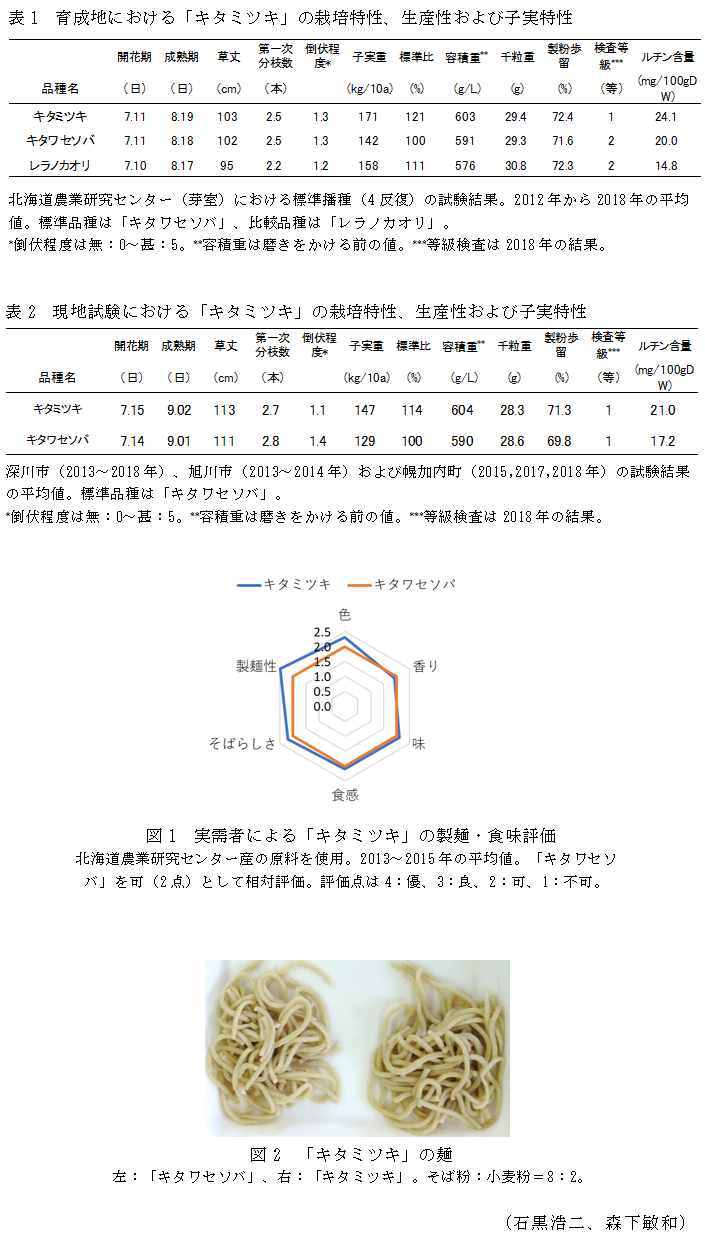 表1 育成地における「キタミツキ」の栽培特性、生産性および子実特性,表2 現地試験における「キタミツキ」の栽培特性、生産性および子実特性,図1 実需者による「キタミツキ」の製麺・食味評価,図2 「キタミツキ」の麺