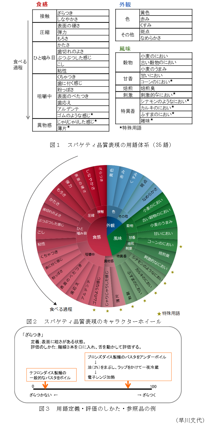 図1 スパゲティ品質表現の用語体系(35語),図2 スパゲティ品質表現のキャラクターホイール,図3 用語定義・評価のしかた・参照品の例