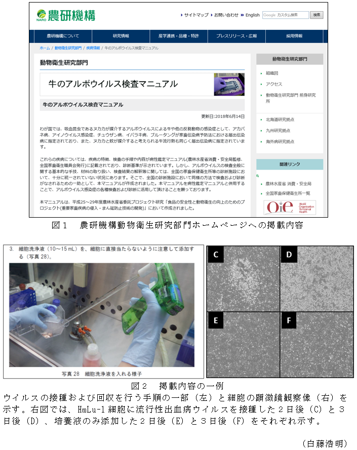 図1 農研機構動物衛生研究部門ホームページへの掲載内容,図2 掲載内容の一例