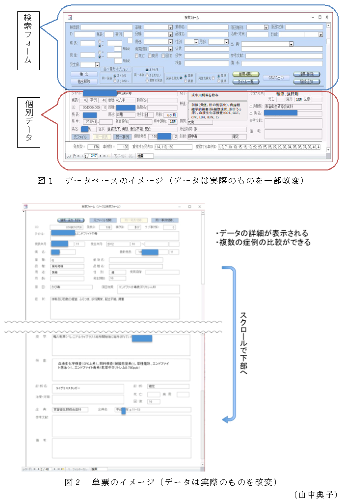 図1 データベースのイメージ(データは実際のものを一部改変),図2 単票のイメージ(データは実際のものを改変)